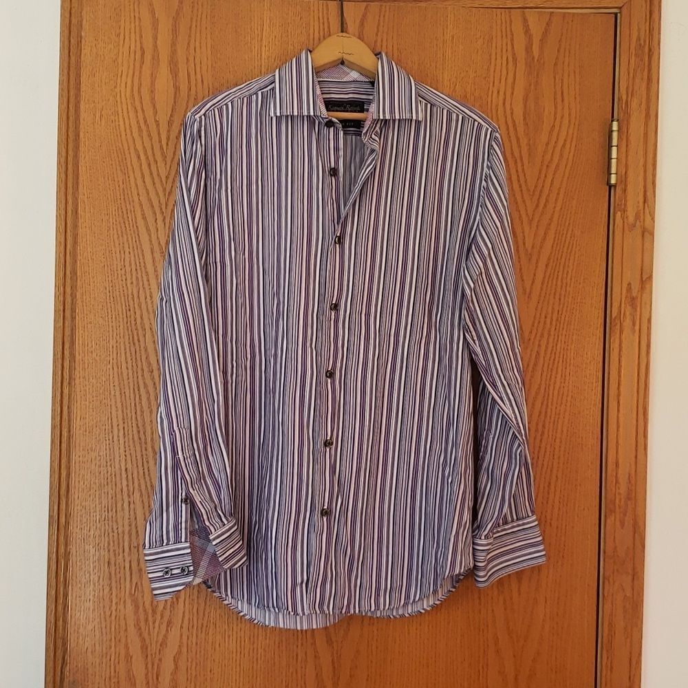 EUC Kenneth Roberts Platinum Striped Button-Down Dress Shirt Sz M Slim Fit